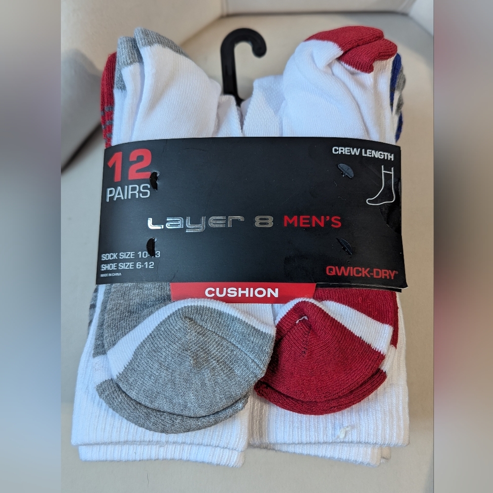Free Shipping! Layer 8 Men's Athletic Crew Socks - Red, Gray, White